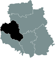 Black flat blank highlighted location map of the ZHMERYNKA RAION inside gray raions map of the Ukrainian administrative area of Vinnytsia Oblast, Ukraine