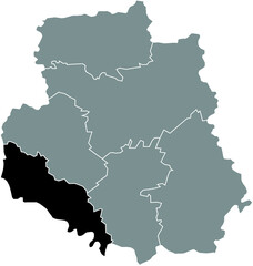 Black flat blank highlighted location map of the MOHYLIV-PODILSKYI RAION inside gray raions map of the Ukrainian administrative area of Vinnytsia Oblast, Ukraine