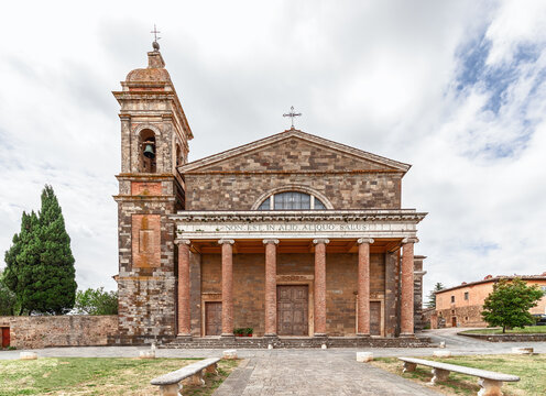 Medieval roman catholic cathedral of the Holy Savior with neoclassical facade in Montalcino, Tuscany, Italy