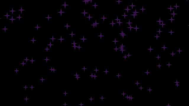 Black background with falling purple star like crosses. Simple high definition animation with objects falling in a perfect, seamless loop.
