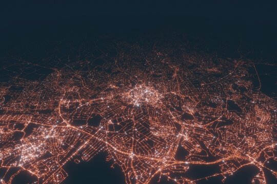 Coventry aerial view at night. Top view on modern city with street lights