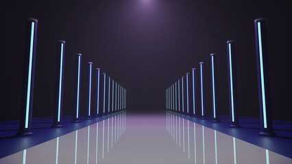 青白い光の柱が並ぶ通路　3DCG　背景　正面　Follow the road illuminated by light