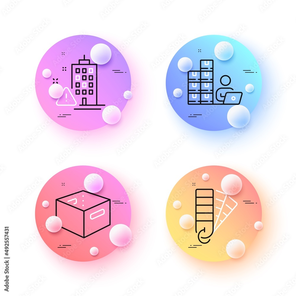 Poster palette, inventory and office box minimal line icons. 3d spheres or balls buttons. building warning 
