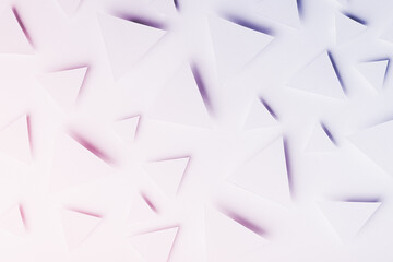 Fototapeta premium Tender geometric pattern of flying triangles in trendy very peri and pink color in shining light with soft light shadows in random, top view. Minimalist softness romantic modern abstract background.