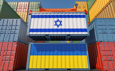 Cargo containers with Israel and Ukraine national flags. 3D Rendering 