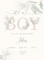 It's a Boy. Baby Shower lettering invitation template with watercolor flower and leaf.