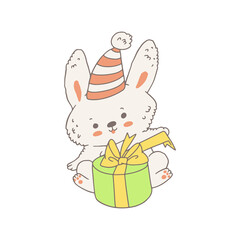 Naklejka premium Rabbit or bunny in hat and with gift box, doodle vector illustration isolated.