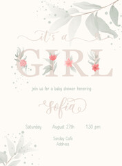 It's a Girl. Baby Shower lettering invitation template with watercolor flower and leaf.