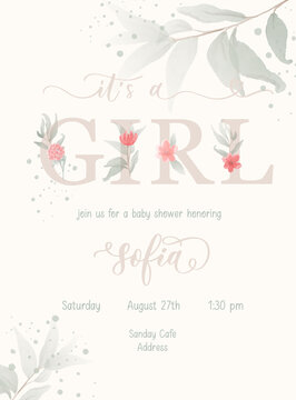 It's A Girl. Baby Shower Lettering Invitation Template With Watercolor Flower And Leaf.