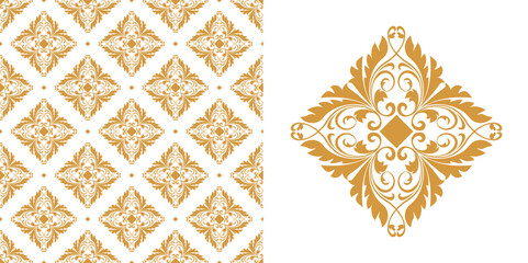 Wallpaper in the style of Baroque. Seamless vector background. White and gold floral ornament. Graphic pattern for fabric, wallpaper, packaging. Ornate Damask flower ornament