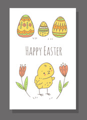 Fototapeta premium Cute Easter poster with yellow chick in flowers and decorated eggs, cartoon vector illustration.