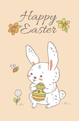Happy Easter card or banner template with rabbit, doodle vector illustration.