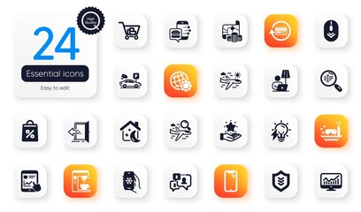 Set of Business flat icons. Scroll down, Internet shopping and Shopping bag elements for web application. Search flight, Airplane travel, Floor lamp icons. Refund commission. Vector