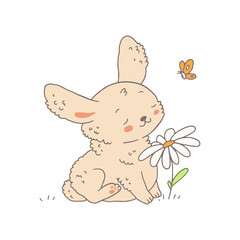 Rabbit or bunny funny animal with flower, doodle vector illustration isolated.