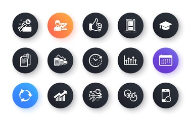 Minimal set of Like hand, Entrance and Growth chart flat icons for web development. Success business, Search flight, Document attachment icons. Sale, Time change, Money loss web elements. Vector