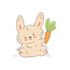 Cartoon rabbit holding carrot, childish vector illustration isolated on white background.