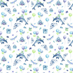 Watercolor floral seamless patterns. Bright flowers and plants, dolphins, balloons, splashes, shells blue, purple, green, pink, blue. For the design of holiday cards, birthday, baby design, baby showe