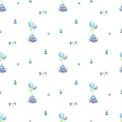 Watercolor floral seamless patterns. Bright flowers and plants, dolphins, balloons, splashes, shells blue, purple, green, pink, blue. For the design of holiday cards, birthday, baby design, baby showe