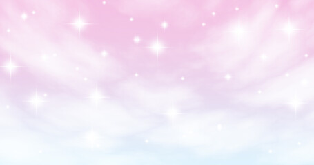 Pink, blue and white pastel sky and cloud background. Glitter star.