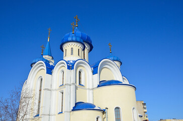 Russia, the city of Arsenyev, domes of the church of the Annunciation of the Blessed Virgin Mary in the winter