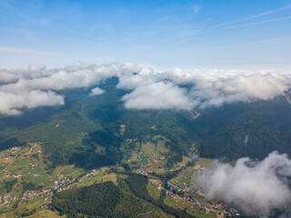 Fototapeta na wymiar High flight in the mountains of the Ukrainian Carpathians. Aerial drone view.