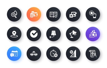 Minimal set of Checkbox, Verify and Wallet flat icons for web development. Rate button, 5g wifi, Water analysis icons. Wall lamp, Technical info, Table lamp web elements. Inspect, CalendarPin. Vector