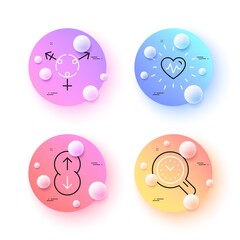 Scroll down, Heartbeat and Time management minimal line icons. 3d spheres or balls buttons. Genders icons. For web, application, printing. Swipe arrow, Medical heart, Time analysis. Inclusion. Vector
