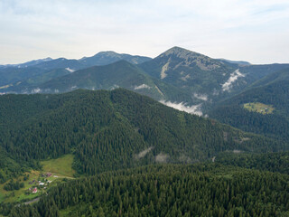 Fototapeta premium Green mountains of Ukrainian Carpathians in summer. Aerial drone view.