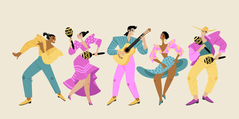 Obraz na płótnie Canvas Latin American dancers and musicians with guitar and maracas