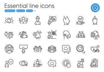 Social care, Medical tablet and Security line icons. Collection of Ranking, Farsightedness, Work home icons. Difficult stress, Fingerprint, Foreman web elements. Search love, Smile face. Vector