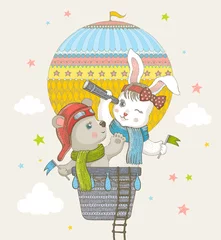  Hot air balloon with cute bear and bunny in basket. Vector hand drawn illustration with funny baby animals with spyglass fly on airship. Vintage kids poster in engaving style © Olga Che