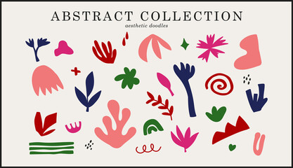 Set of minimalistic aesthetic doodles and abstract bright elements on isolated background. Large collection of elements, unusual shapes in matisse art style hand-drawn.
