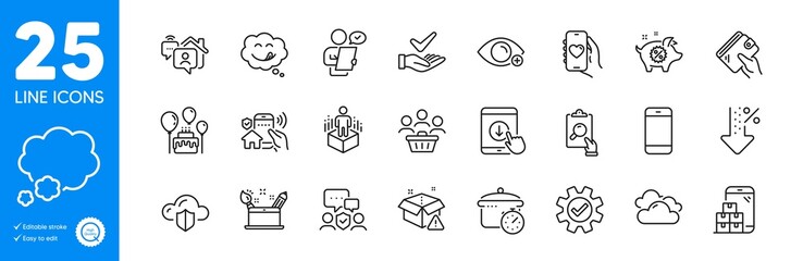 Outline icons set. Customer survey, Delivery warning and Smartphone icons. Scroll down, Farsightedness, Cake web elements. Creativity concept, Security agency, Dating app signs. Vector