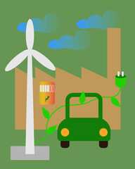 Vector pictogram of electric car and wind turbine renewable energy saving technology no pollution
