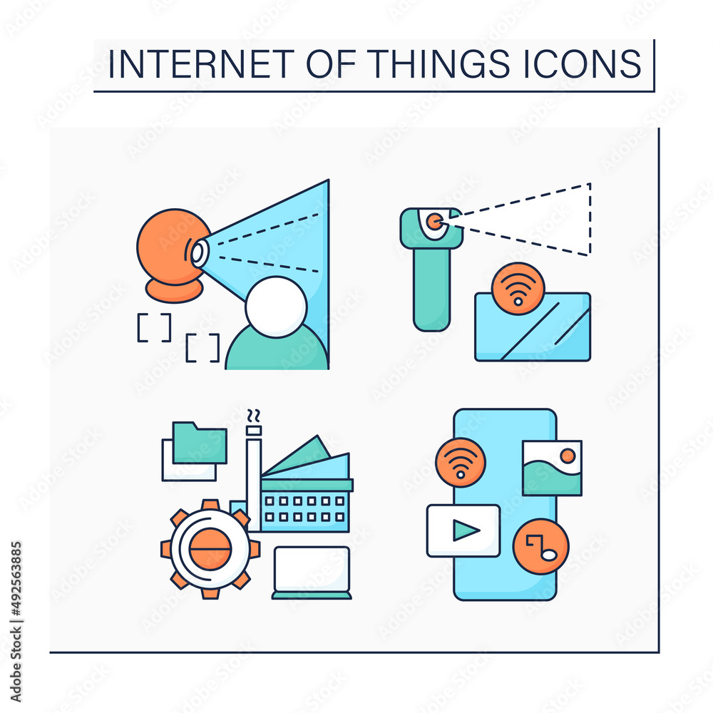 Poster internet of things color icons set. wireless sensor, infrastructure management, smart cam and media.