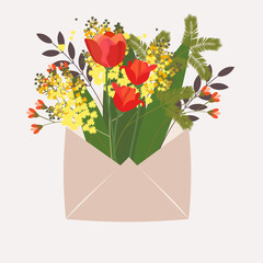 Gift envelope with flowers. Tulips and mimosa. Bouquet	