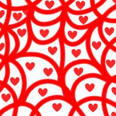 Curved red stripes and hearts are depicted on a white background. Abstract background.