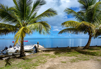 Boats on jetty, Morne Rouge, Basse-Terre, Guadeloupe, Lesser Antilles, Caribbean.