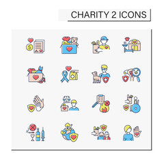 Charity color icons set.Organization collects money for people to help with medicines, food, care and temporary houses. Volunteering concept. Isolated vector illustrations