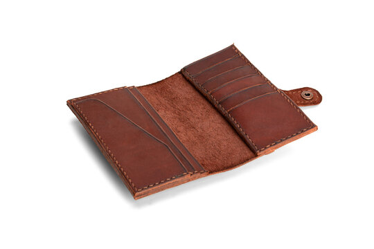 Brown leather wallet isolated on white background.