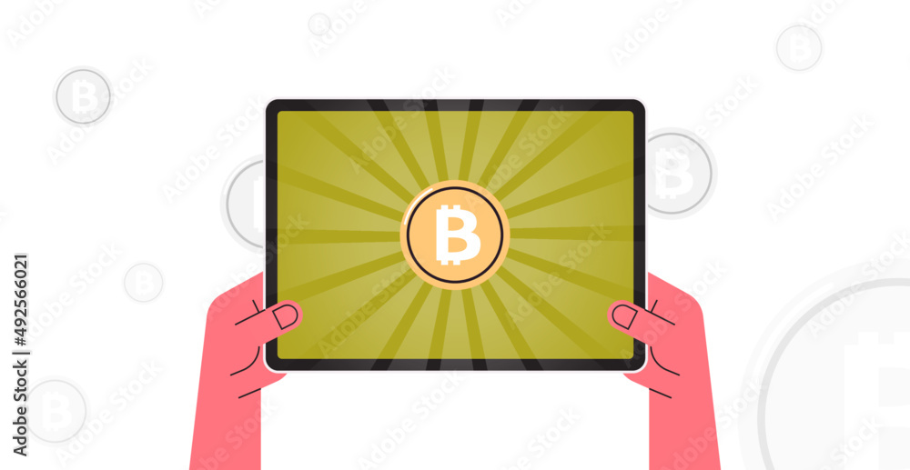 Poster Hand holding tablet computer and bitcoin cryptocurrency on device flat vector illustration.
