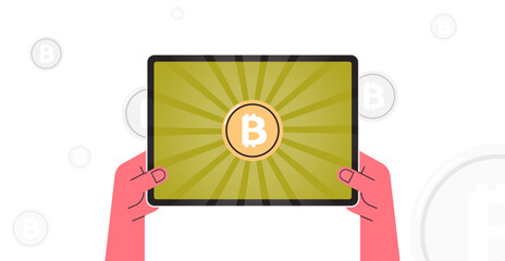Hand holding tablet computer and bitcoin cryptocurrency on device flat vector illustration.
