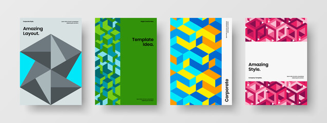 Fototapeta premium Fresh geometric tiles annual report illustration composition. Creative pamphlet A4 design vector concept set.