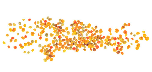 Top view of honey bee pollen isolated on a white background. Bee pollen grains as healthy natural medicine.