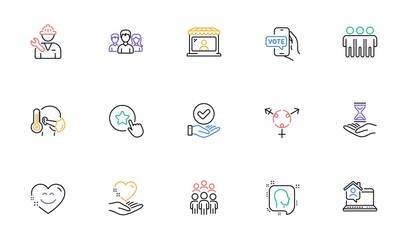 Teamwork, Genders and Friendship line icons for website, printing. Collection of Sick man, Hold heart, Loyalty star icons. Smile chat, Group people, Time hourglass web elements. Vector