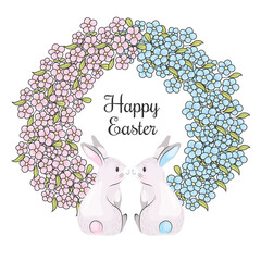 Cute white rabbit in a frame of flowers. Vector spring holiday greeting poster design element. Vintage illustration of a funny hare. Cozy design of an Easter card.