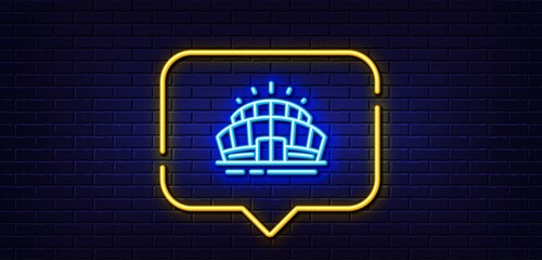 Neon light speech bubble. Arena stadium line icon. Sport complex sign. Championship building symbol. Neon light background. Arena stadium glow line. Brick wall banner. Vector