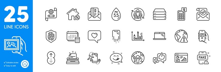 Outline icons set. Internet warning, Smartphone recovery and Flights application icons. Cogwheel blueprint, Credit card, Survey results web elements. Like, Seo statistics, Parking app signs. Vector