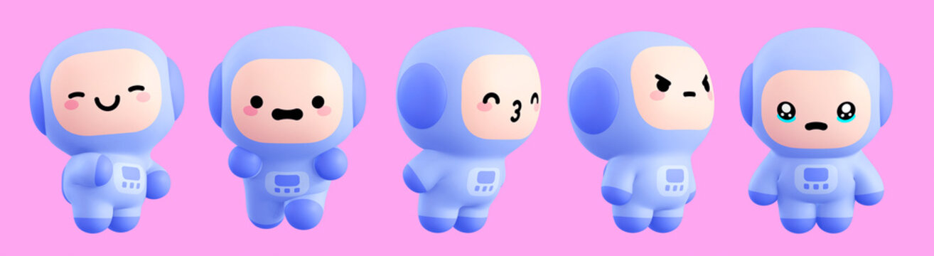 Funny little kawaii emoji set character. Cartoon astronaut boy 3d render illustration on pink backdrop