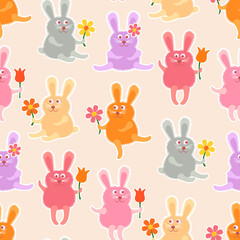 Funny Bunnies with Spring Flowers